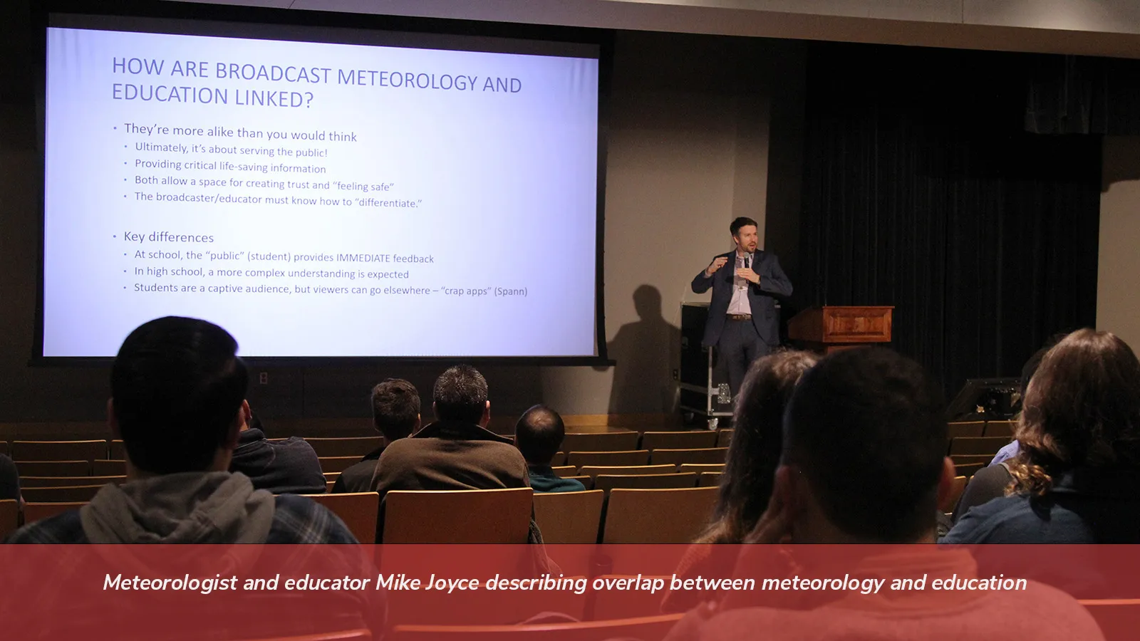 Meteorologist and educator Mike Joyce describing overlap between metorology and education